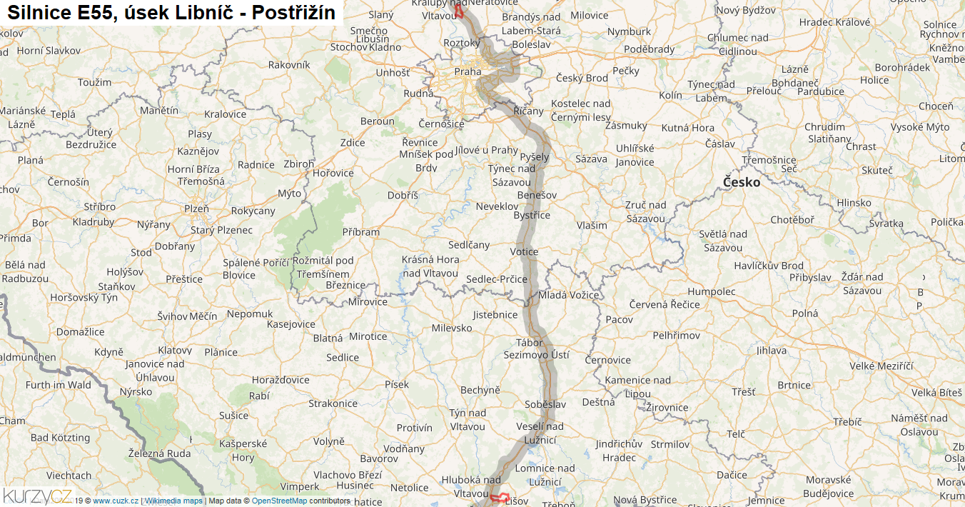 Úsek Libníč - Postřižín, Silnice E55 - Mapa