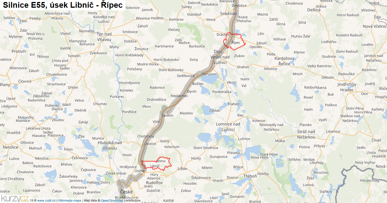 Úsek Libníč - Řípec, Silnice E55 - Mapa