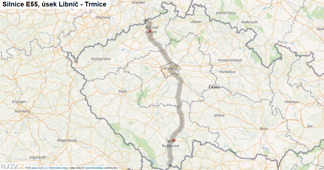 Úsek Libníč - Trmice, Silnice E55 - Mapa