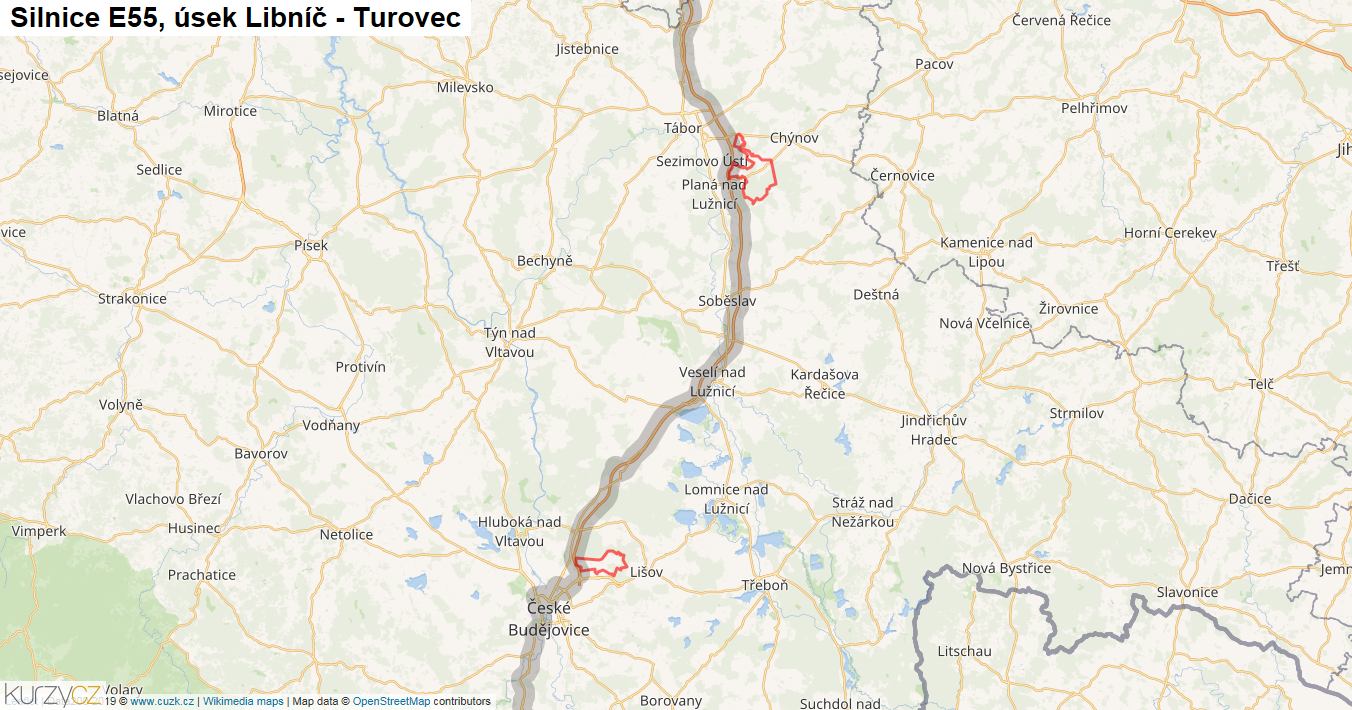 Úsek Libníč - Turovec, Silnice E55 - Mapa