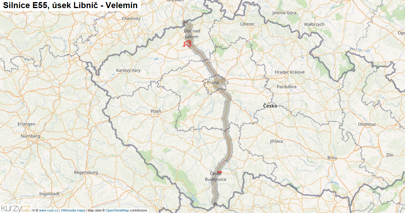 Úsek Libníč - Velemín, Silnice E55 - Mapa