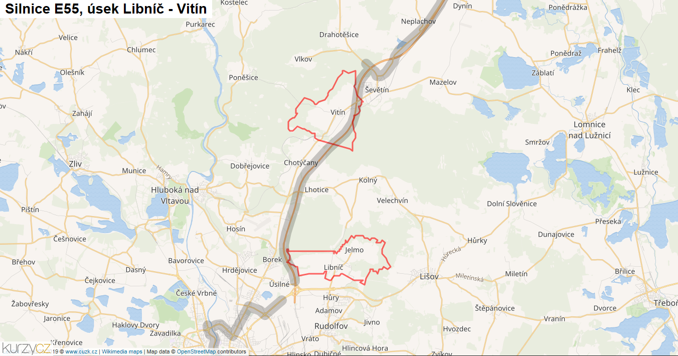 Úsek Libníč - Vitín, Silnice E55 - Mapa