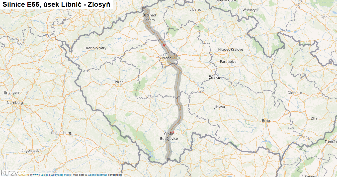 Úsek Libníč - Zlosyň, Silnice E55 - Mapa