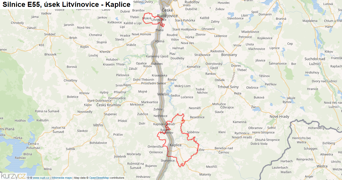 Úsek Litvínovice - Kaplice, Silnice E55 - Mapa