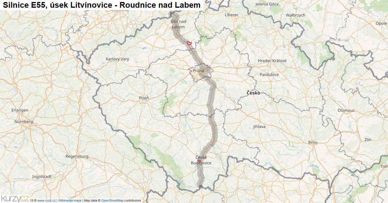Úsek Litvínovice - Roudnice nad Labem, Silnice E55 - Mapa
