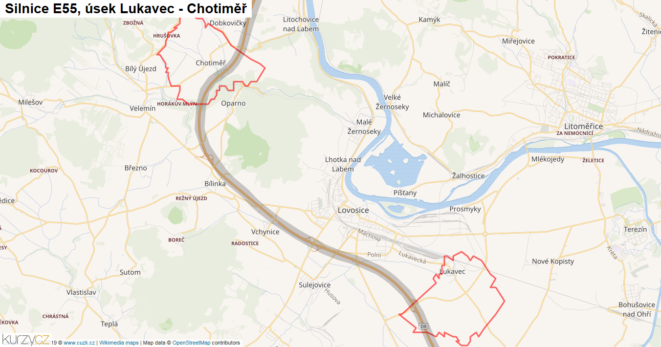 Úsek Lukavec - Chotiměř, Silnice E55 - Mapa