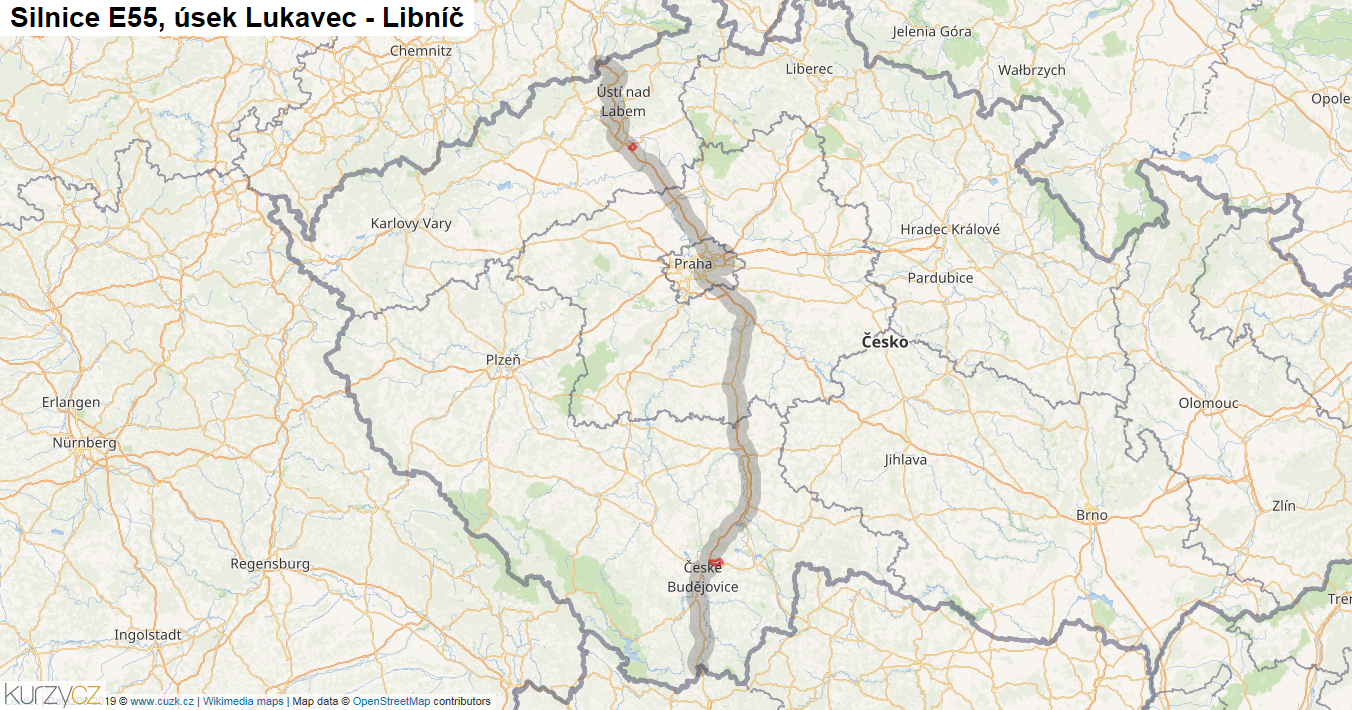 Úsek Lukavec - Libníč, Silnice E55 - Mapa