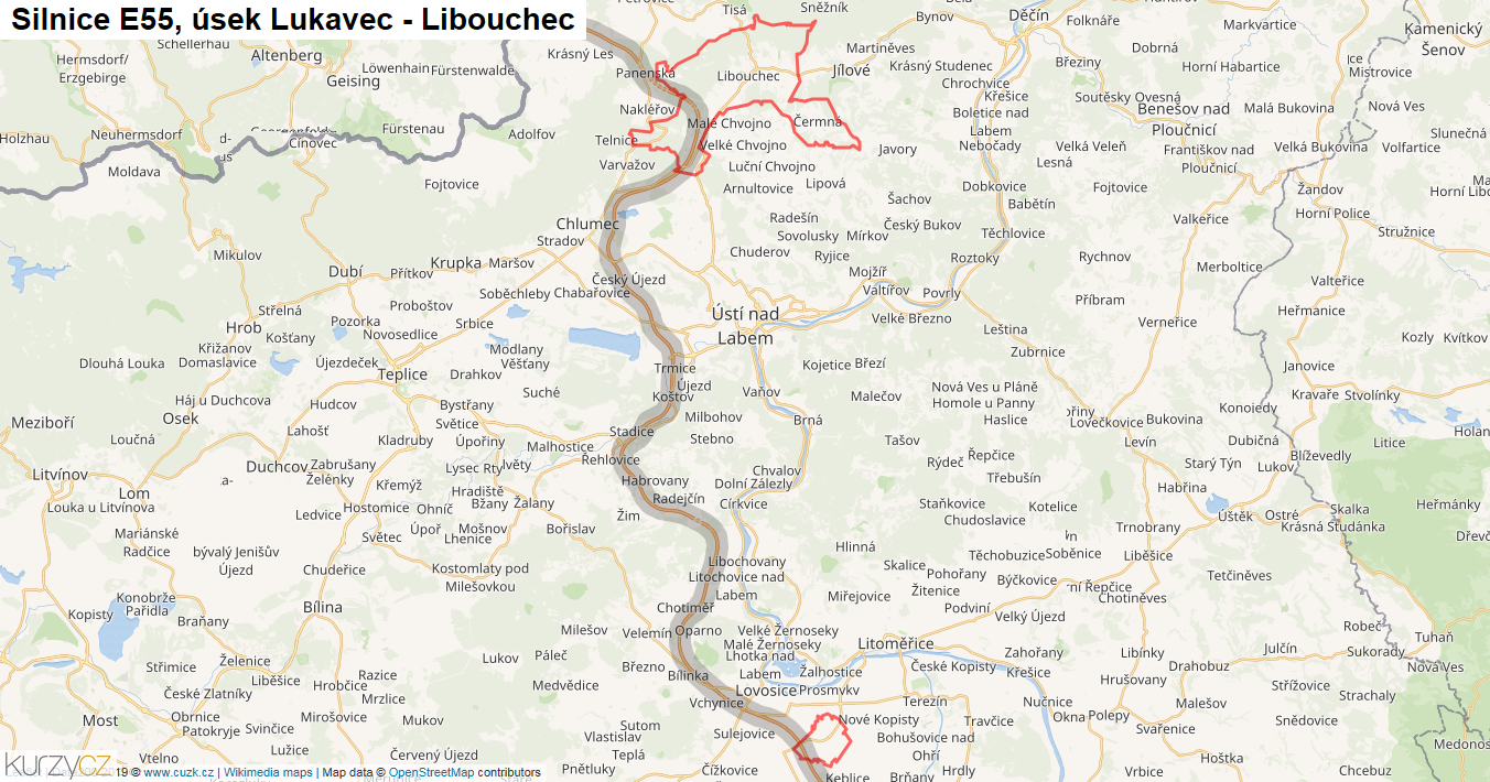 Úsek Lukavec - Libouchec, Silnice E55 - Mapa