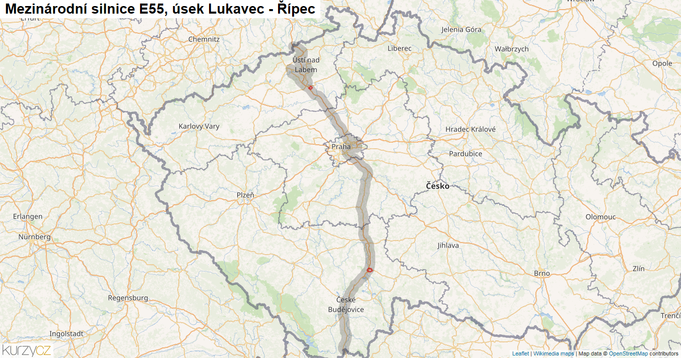 Úsek Lukavec - Řípec, Silnice E55 - Mapa