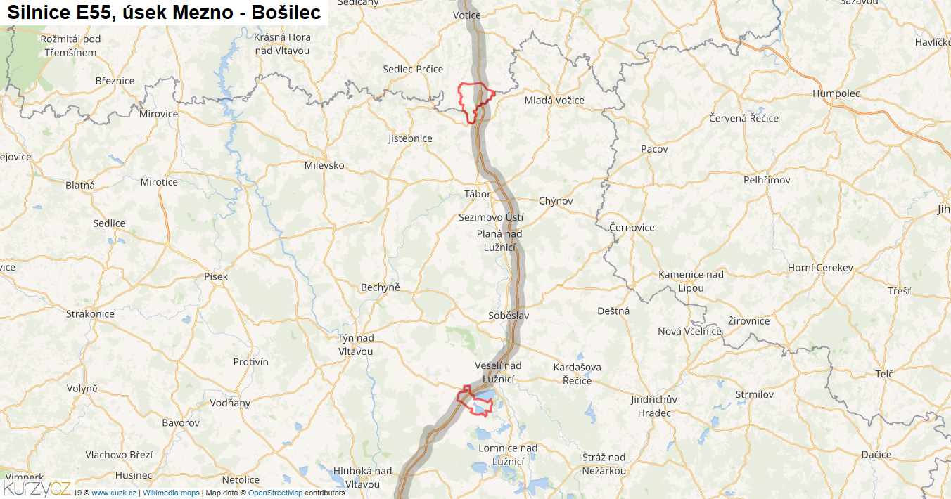Úsek Mezno - Bošilec, Silnice E55 - Mapa
