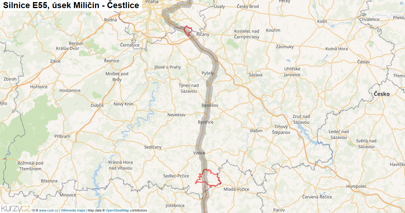 Úsek Miličín - Čestlice, Silnice E55 - Mapa