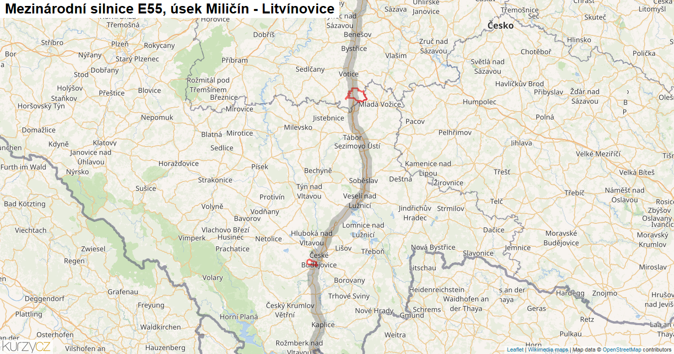 Úsek Miličín - Litvínovice, Silnice E55 - Mapa