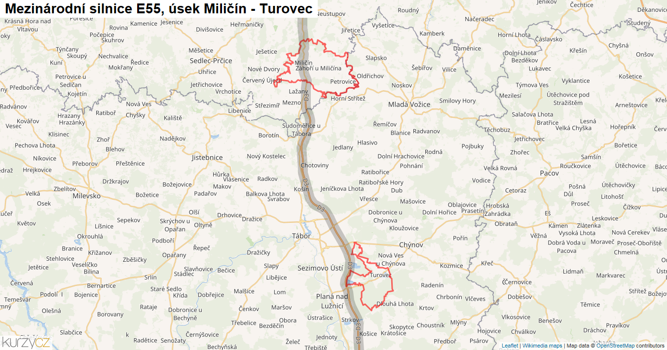 Úsek Miličín - Turovec, Silnice E55 - Mapa