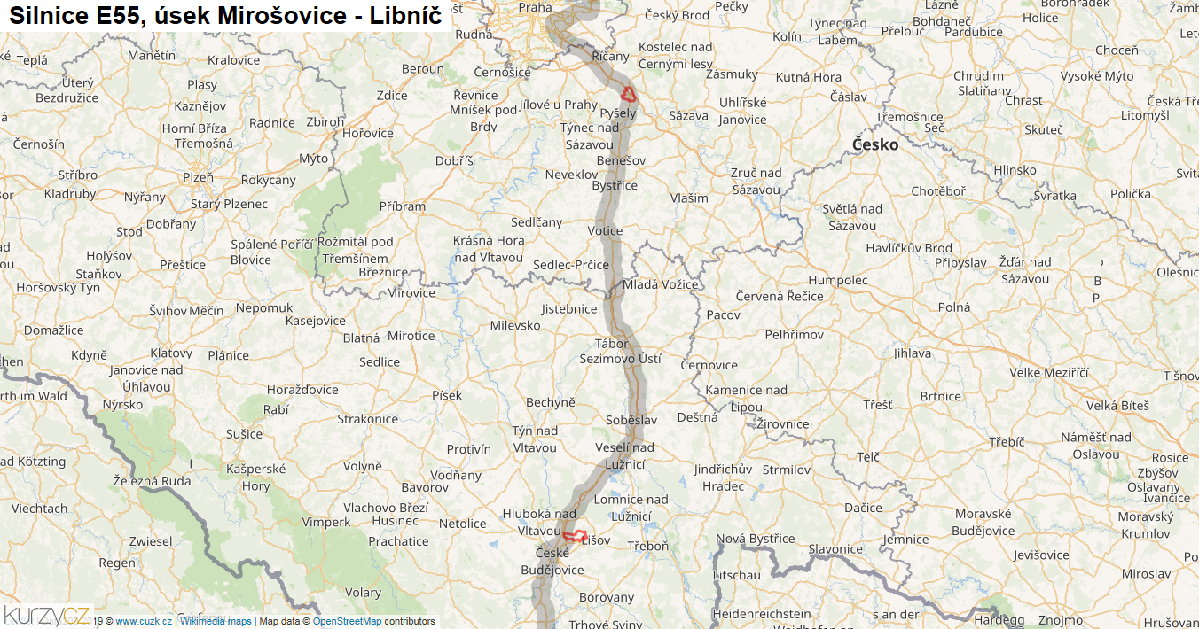 Úsek Mirošovice - Libníč, Silnice E55 - Mapa