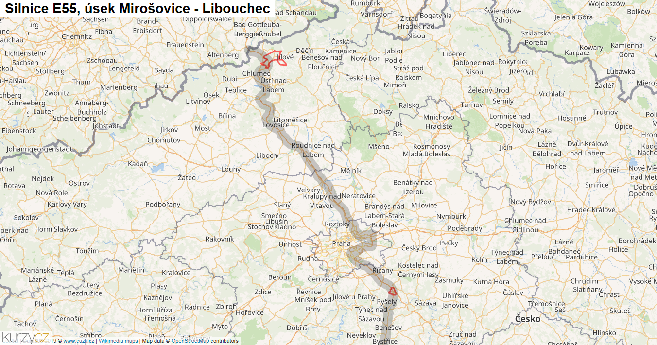 Úsek Mirošovice - Libouchec, Silnice E55 - Mapa