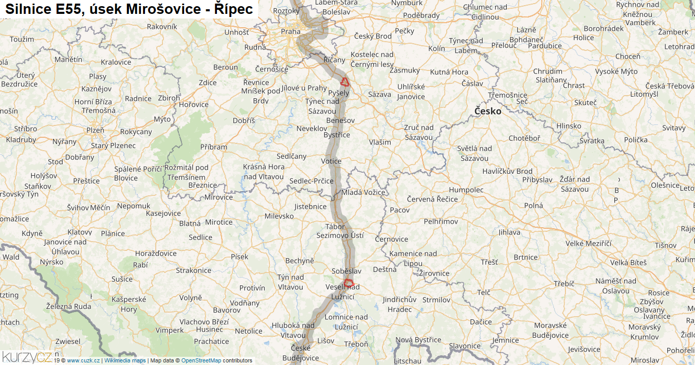 Úsek Mirošovice - Řípec, Silnice E55 - Mapa