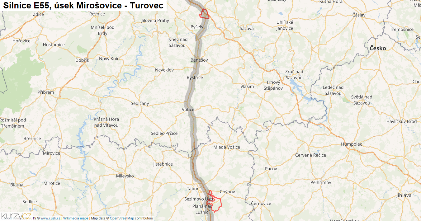 Úsek Mirošovice - Turovec, Silnice E55 - Mapa