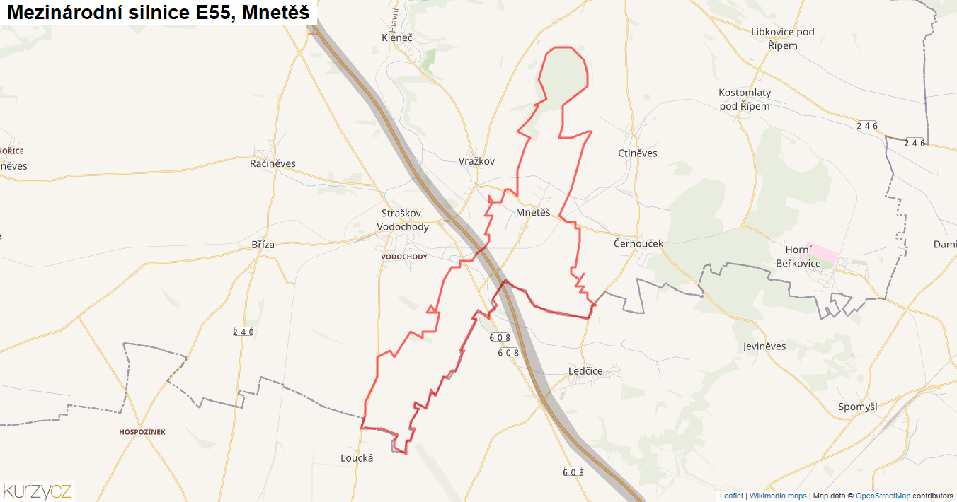 Mnetěš, Silnice E55 - Mapa