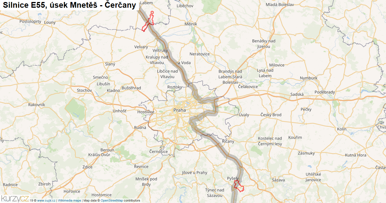Úsek Mnetěš - Čerčany, Silnice E55 - Mapa