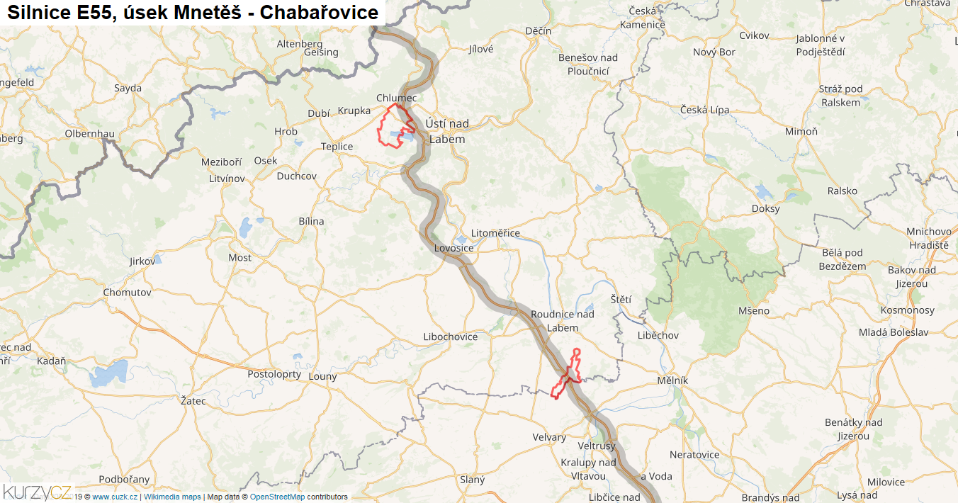 Úsek Mnetěš - Chabařovice, Silnice E55 - Mapa