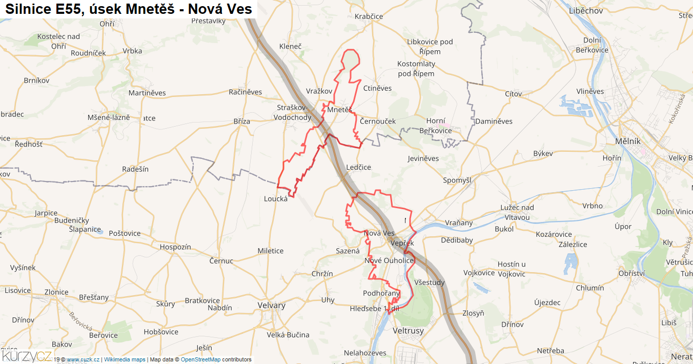 Úsek Mnetěš - Nová Ves, Silnice E55 - Mapa