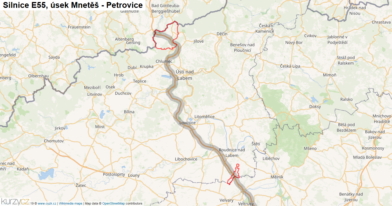 Úsek Mnetěš - Petrovice, Silnice E55 - Mapa