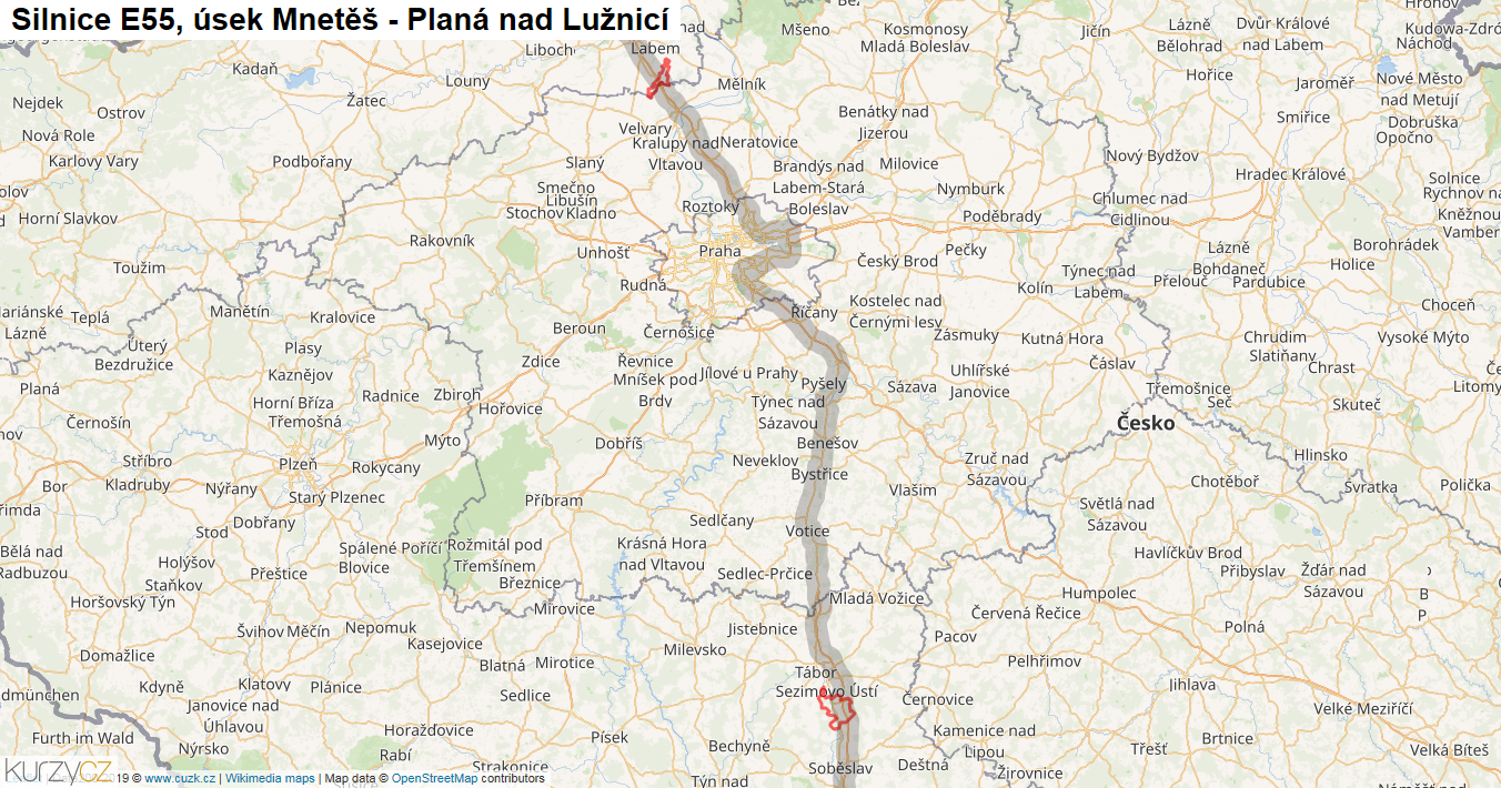 Úsek Mnetěš - Planá nad Lužnicí, Silnice E55 - Mapa