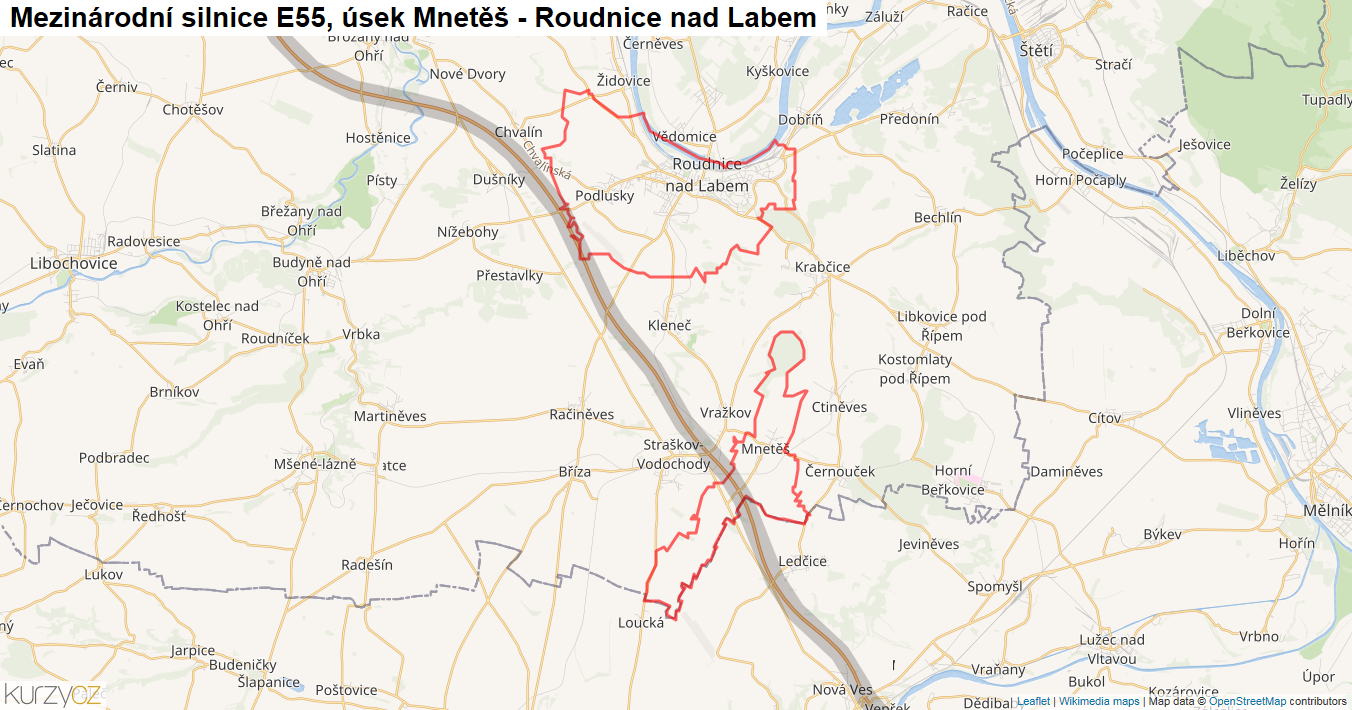 Úsek Mnetěš - Roudnice nad Labem, Silnice E55 - Mapa
