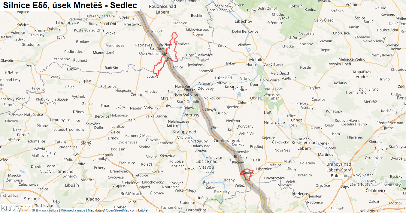Úsek Mnetěš - Sedlec, Silnice E55 - Mapa