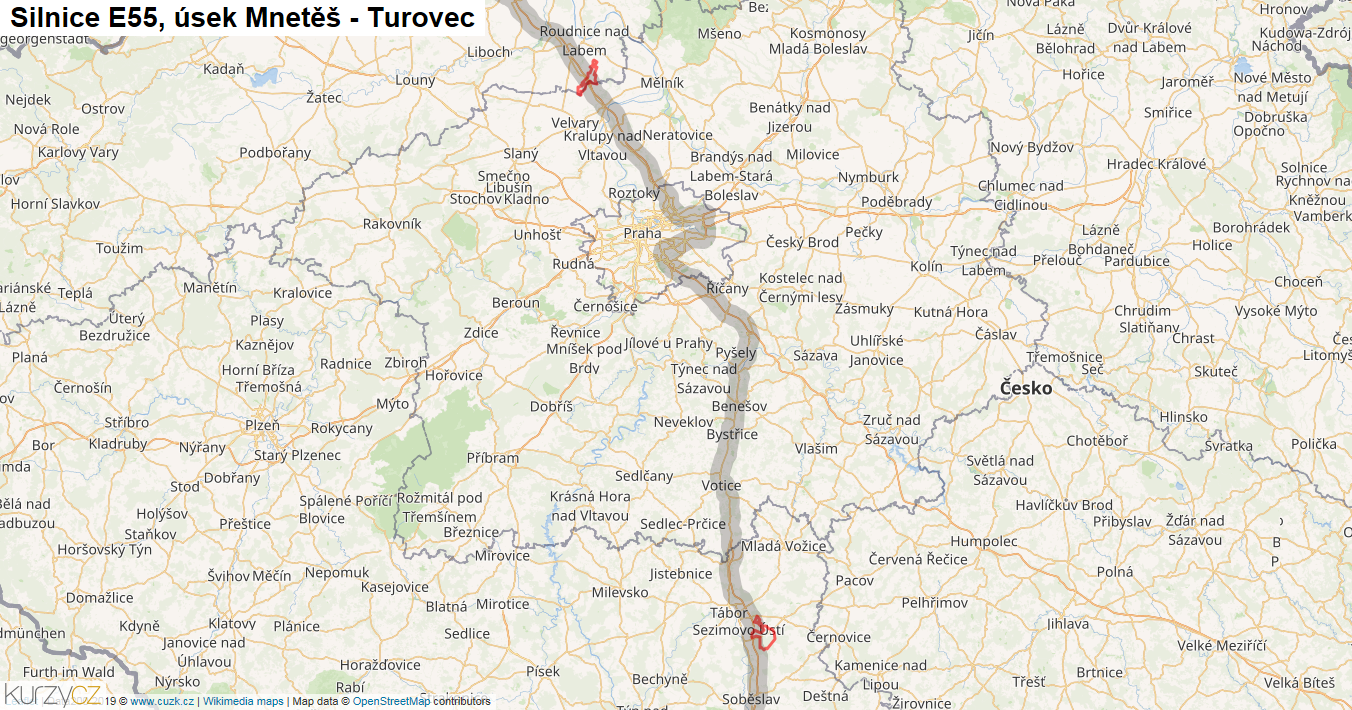 Úsek Mnetěš - Turovec, Silnice E55 - Mapa