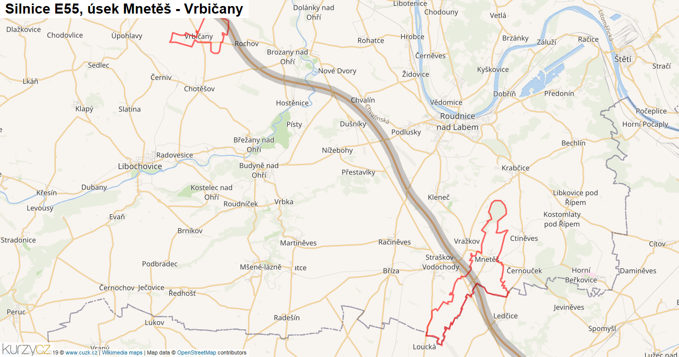 Úsek Mnetěš - Vrbičany, Silnice E55 - Mapa