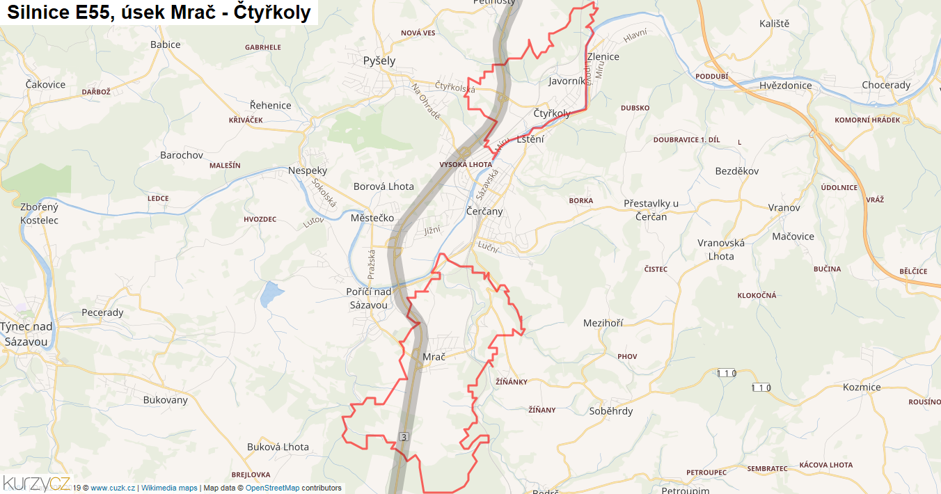 Úsek Mrač - Čtyřkoly, Silnice E55 - Mapa