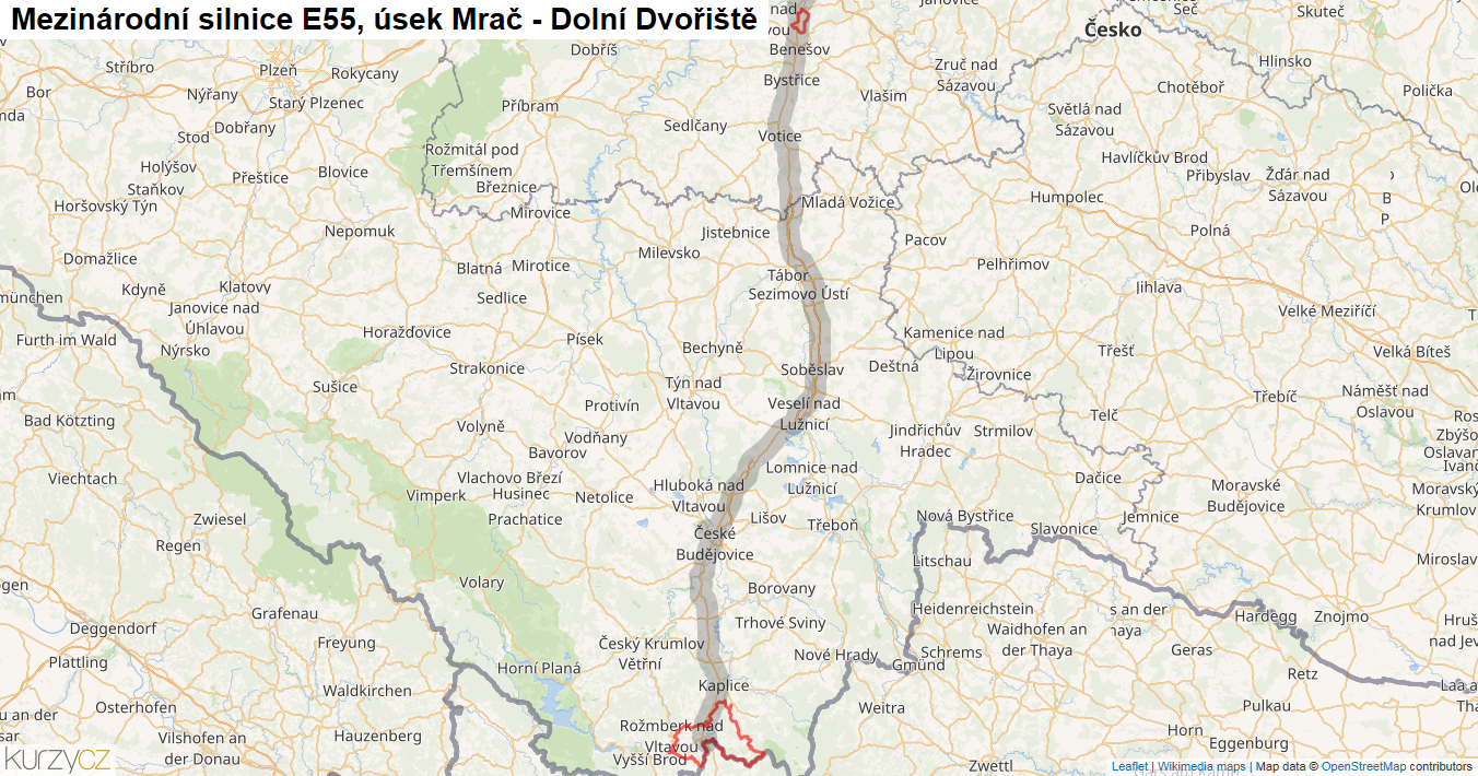 Úsek Mrač - Dolní Dvořiště, Silnice E55 - Mapa