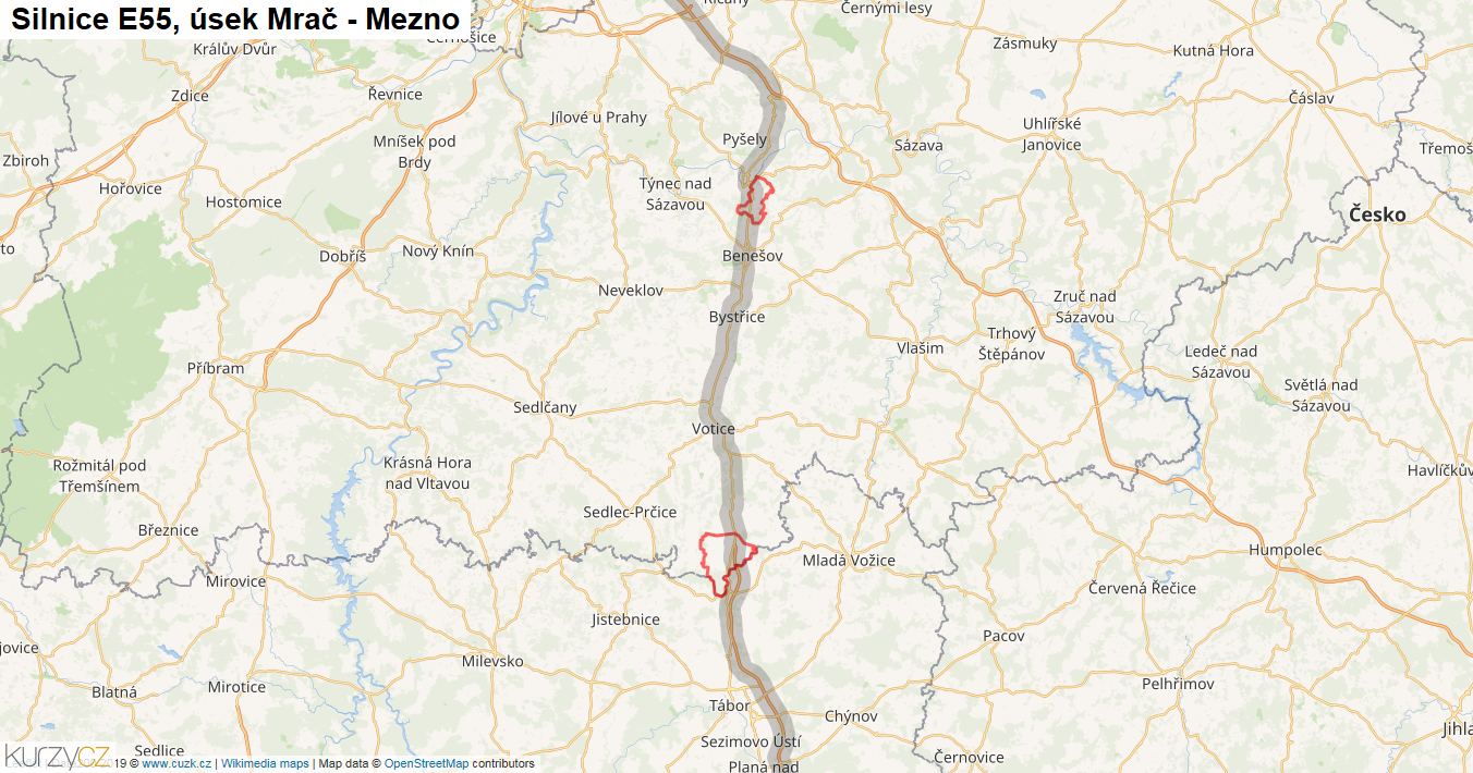 Úsek Mrač - Mezno, Silnice E55 - Mapa