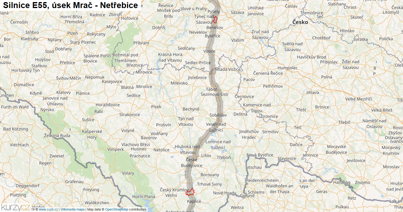 Úsek Mrač - Netřebice, Silnice E55 - Mapa