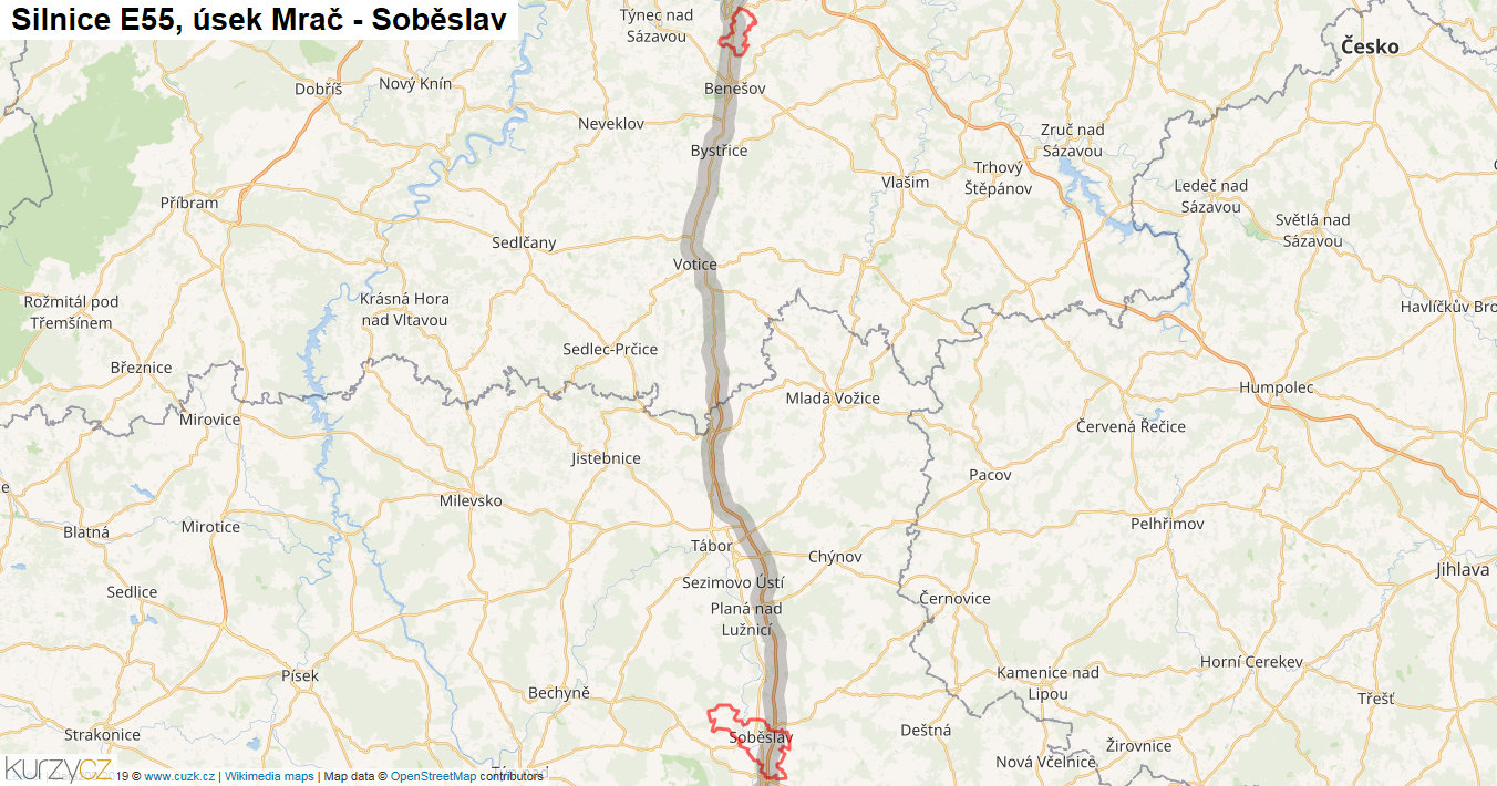 Úsek Mrač - Soběslav, Silnice E55 - Mapa