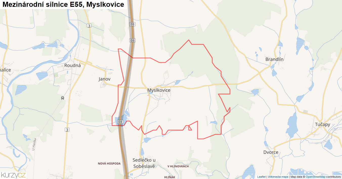 Myslkovice, Silnice E55 - Mapa