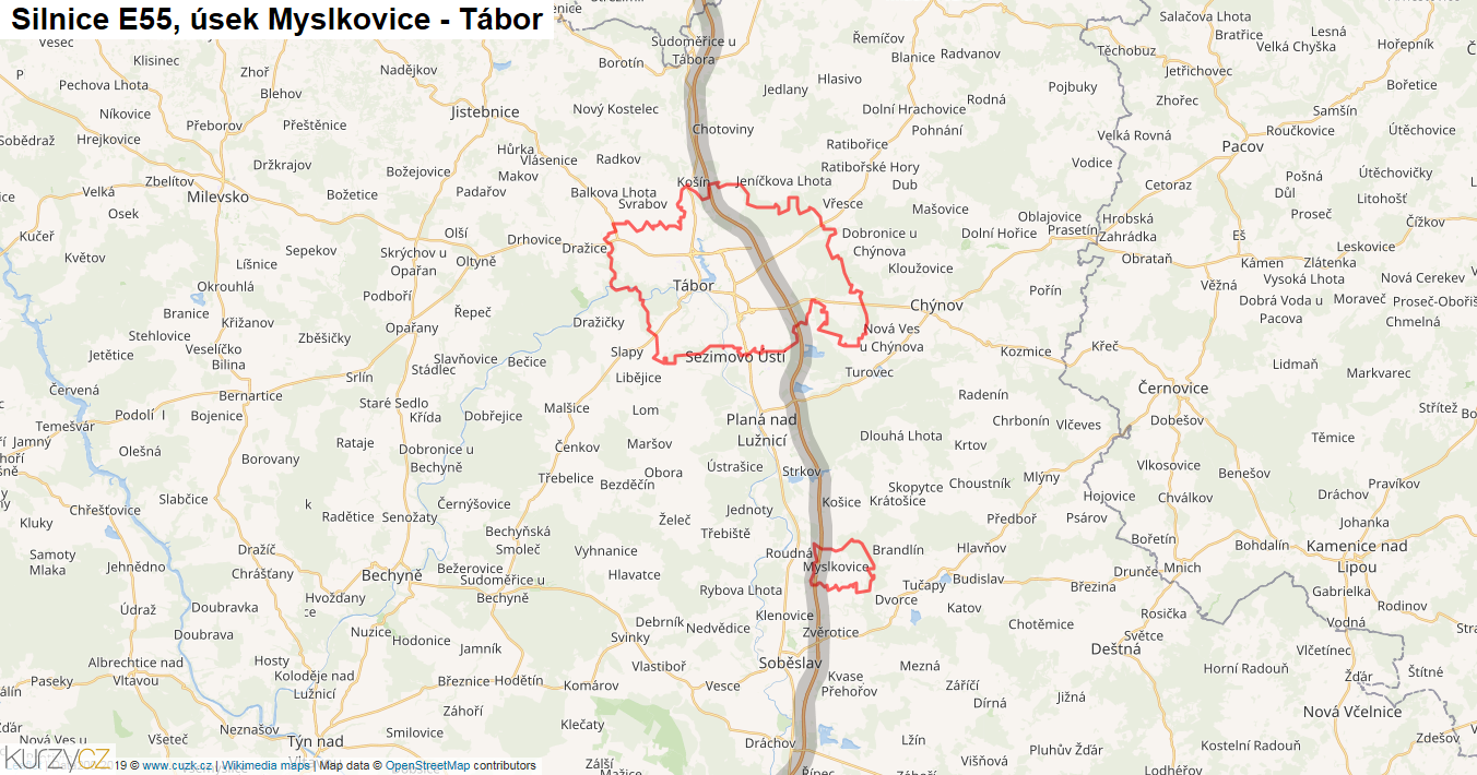 Úsek Myslkovice - Tábor, Silnice E55 - Mapa