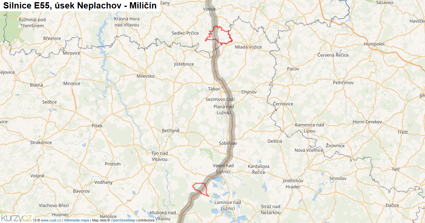 Úsek Neplachov - Miličín, Silnice E55 - Mapa