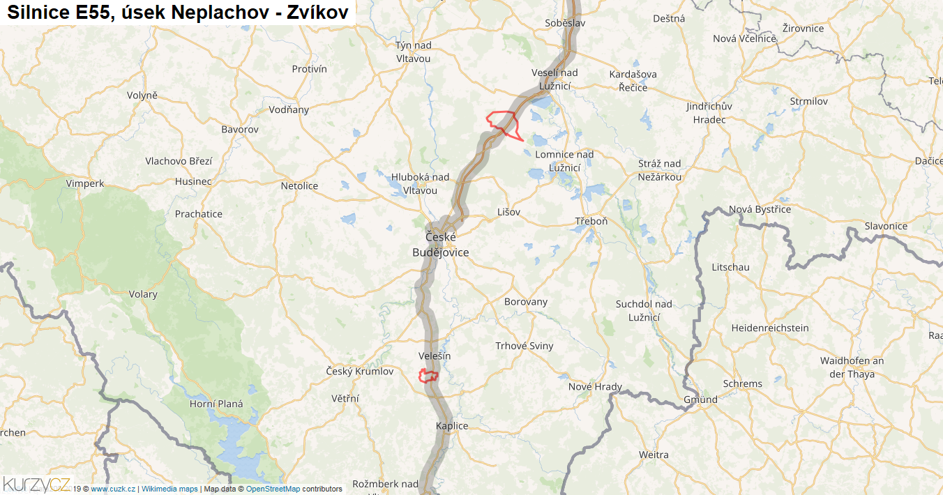 Úsek Neplachov - Zvíkov, Silnice E55 - Mapa