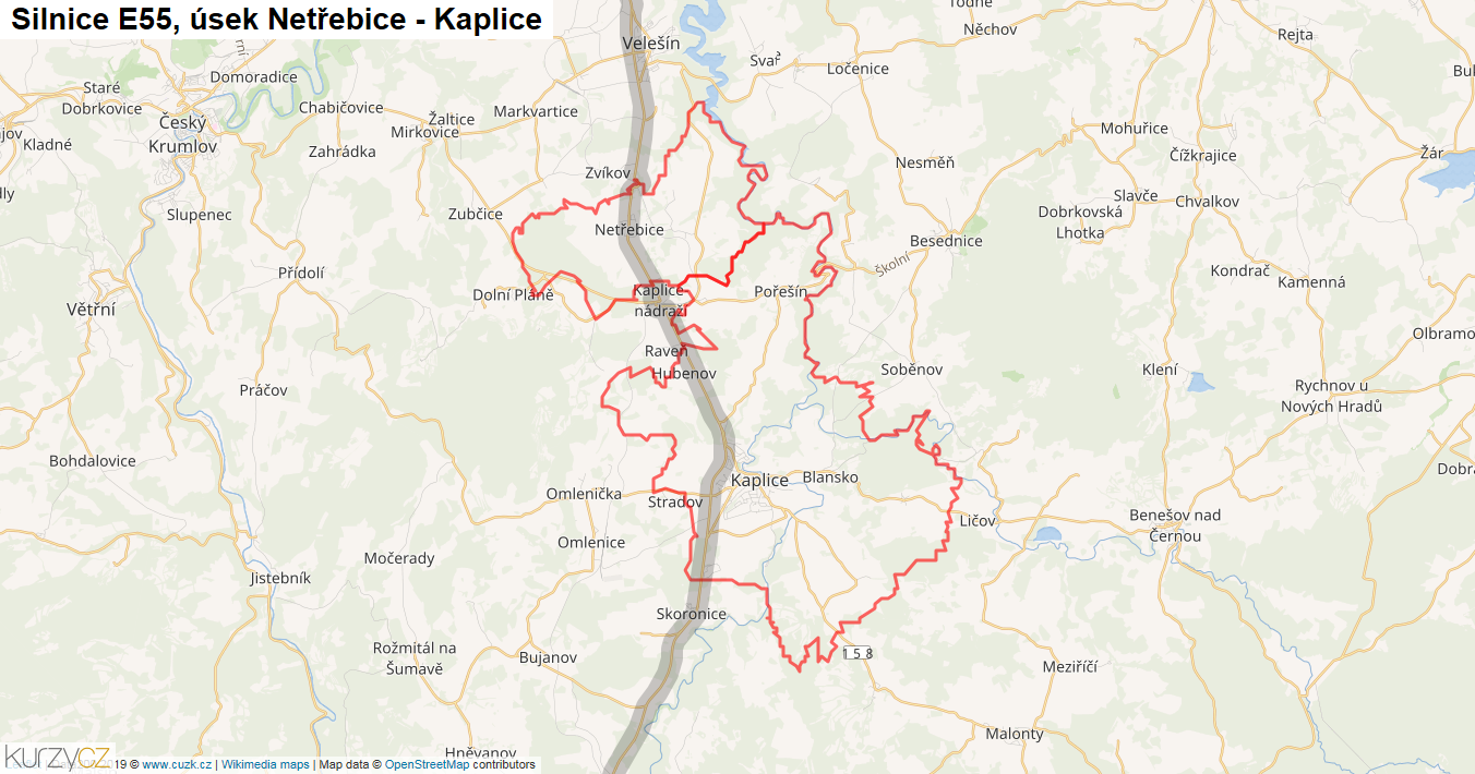 Úsek Netřebice - Kaplice, Silnice E55 - Mapa