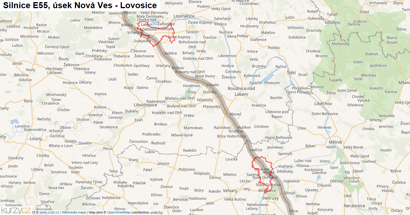 Úsek Nová Ves - Lovosice, Silnice E55 - Mapa