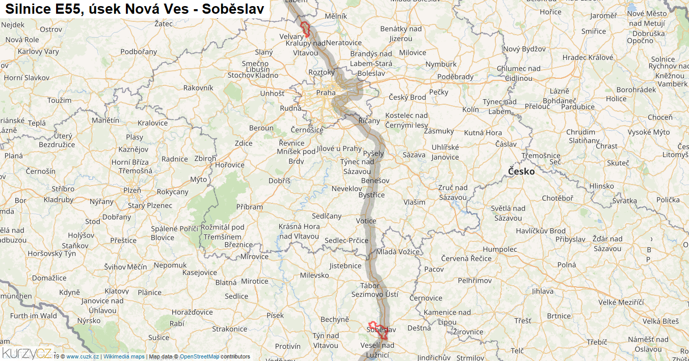 Úsek Nová Ves - Soběslav, Silnice E55 - Mapa