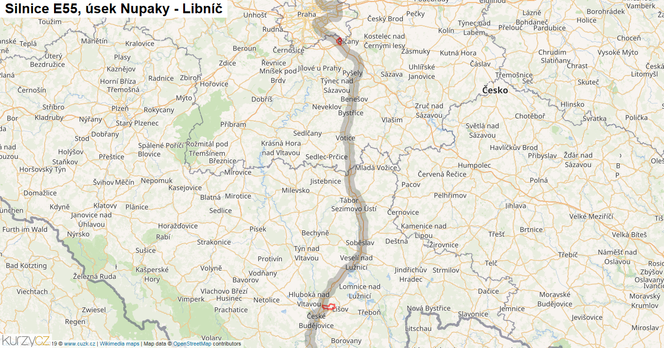 Úsek Nupaky - Libníč, Silnice E55 - Mapa