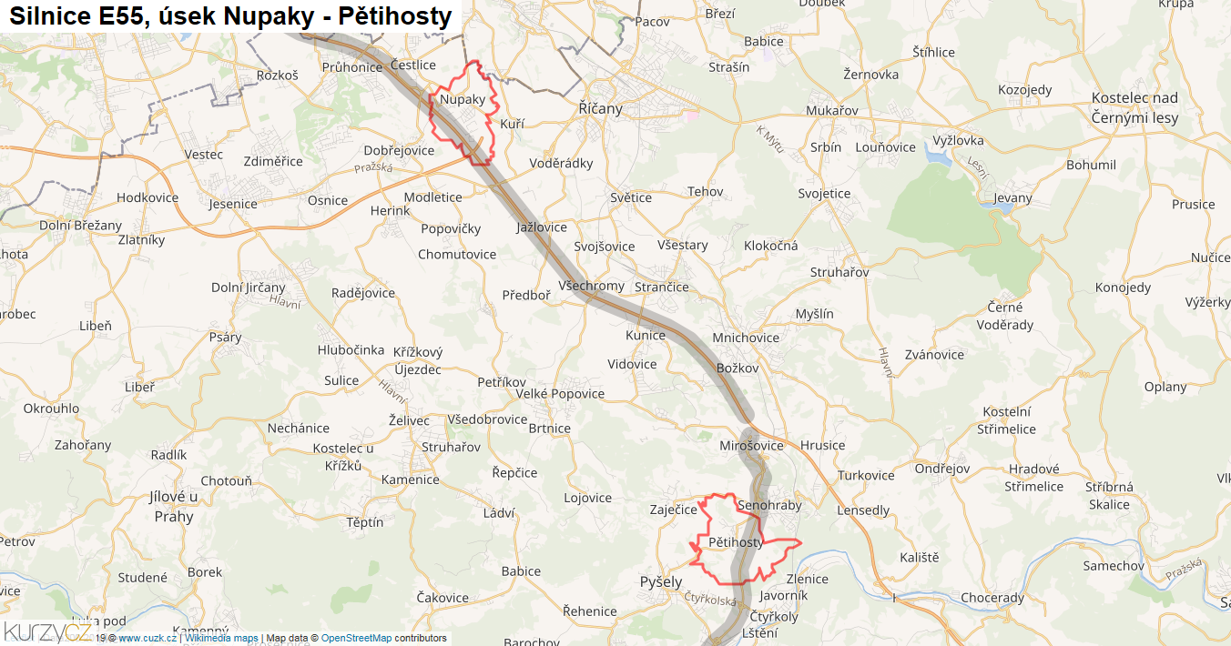 Úsek Nupaky - Pětihosty, Silnice E55 - Mapa