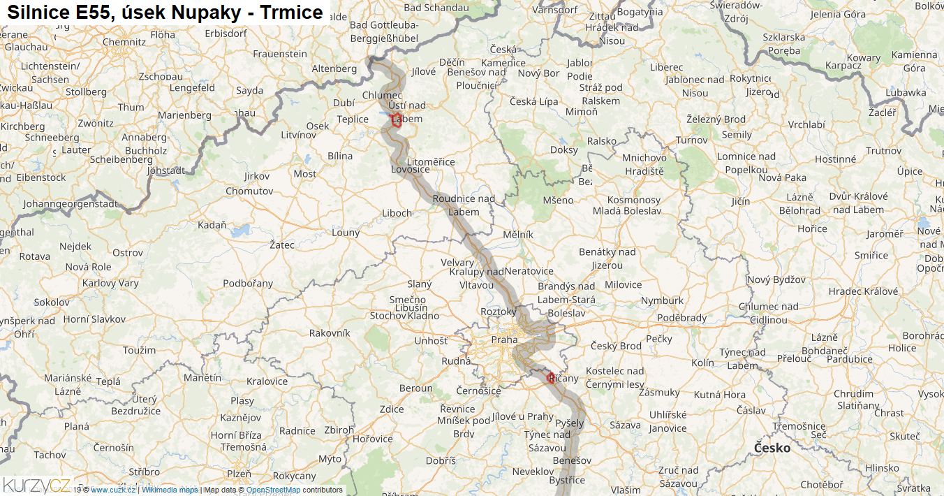 Úsek Nupaky - Trmice, Silnice E55 - Mapa