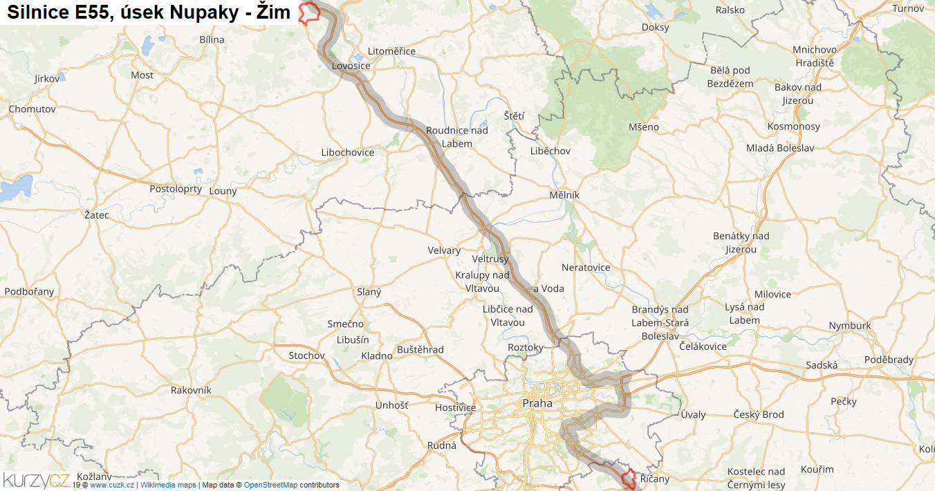 Úsek Nupaky - Žim, Silnice E55 - Mapa