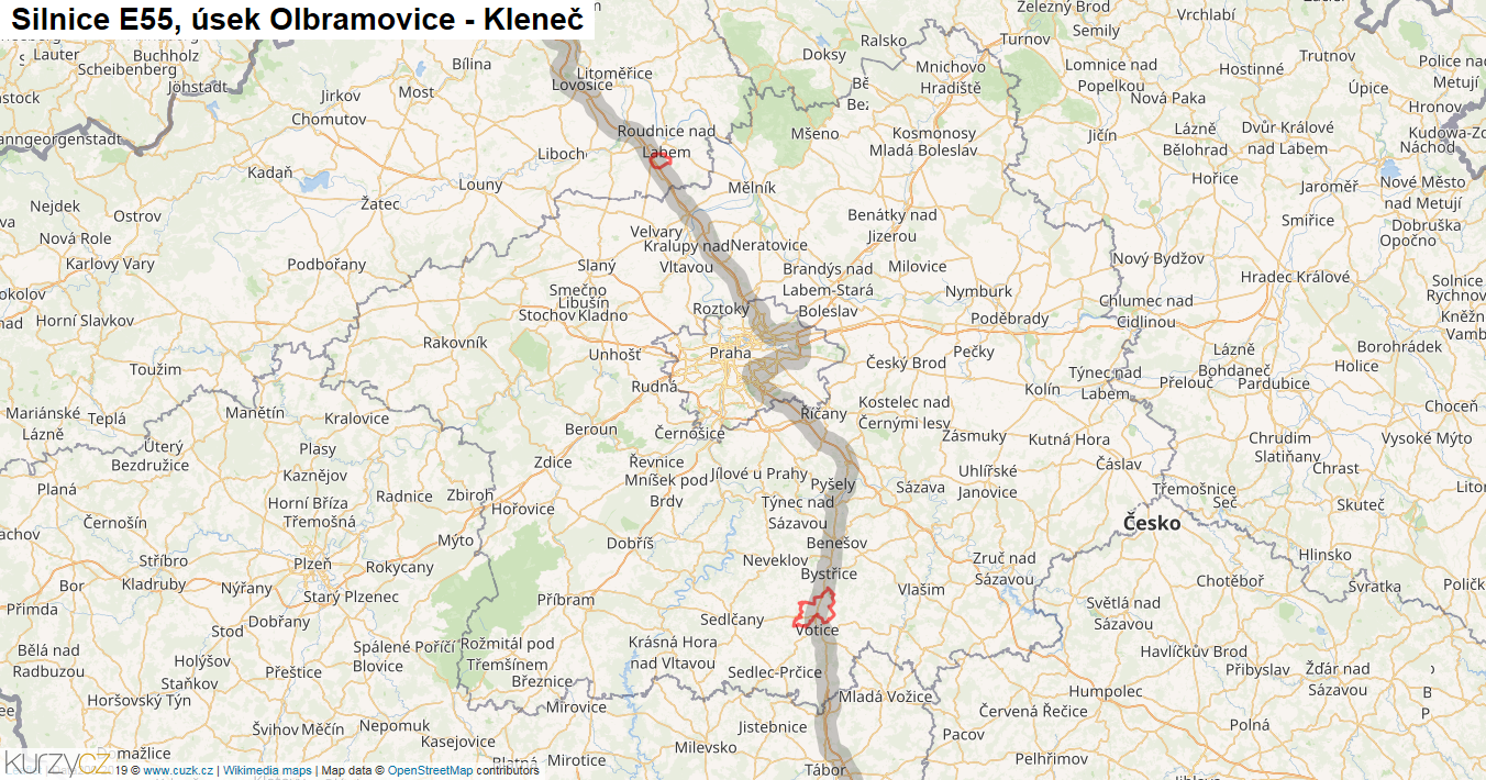 Úsek Olbramovice - Kleneč, Silnice E55 - Mapa