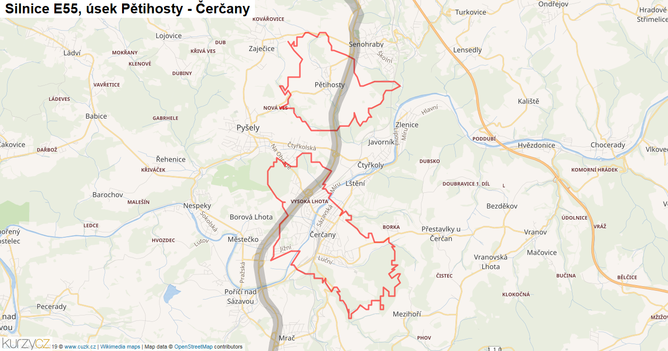 Úsek Pětihosty - Čerčany, Silnice E55 - Mapa