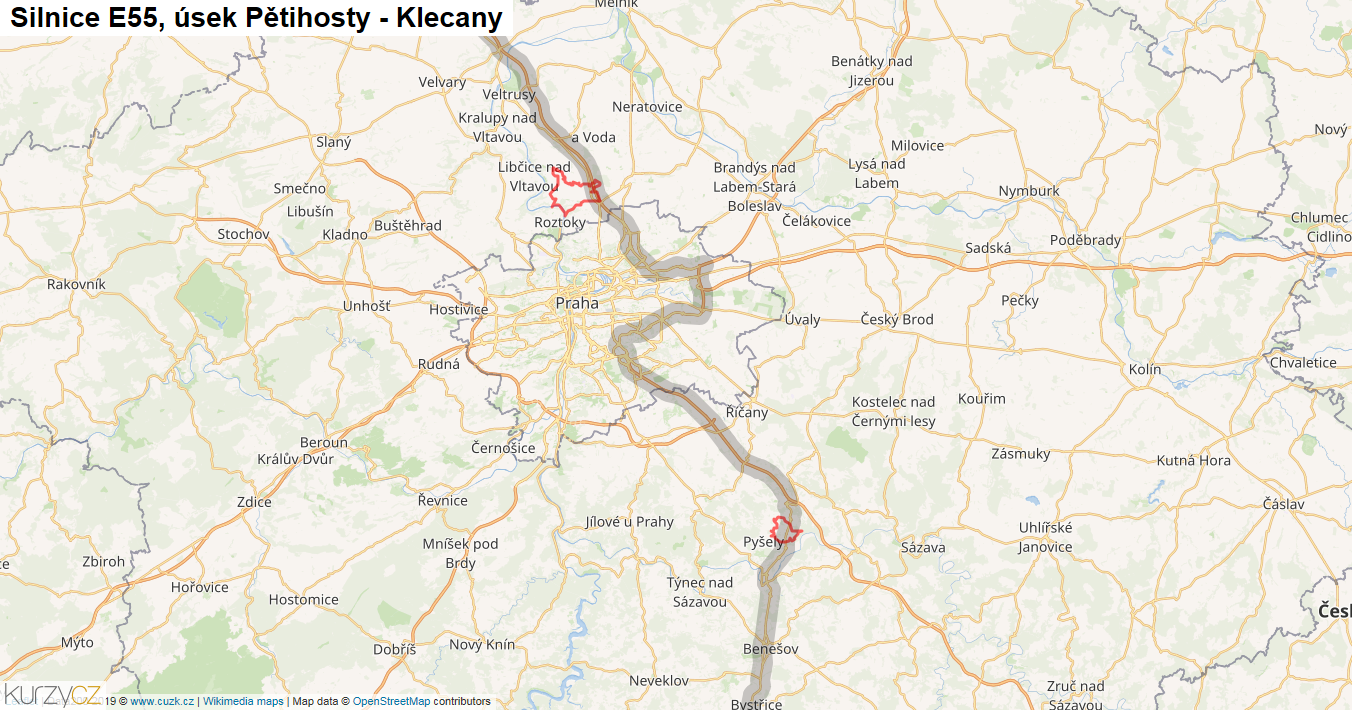 Úsek Pětihosty - Klecany, Silnice E55 - Mapa